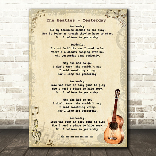 The Beatles Yesterday Song Lyric Vintage Quote Print