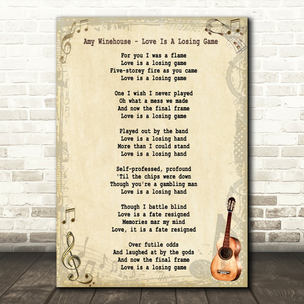 Amy Winehouse Love Is A Losing Game Song Lyric Vintage Quote Print