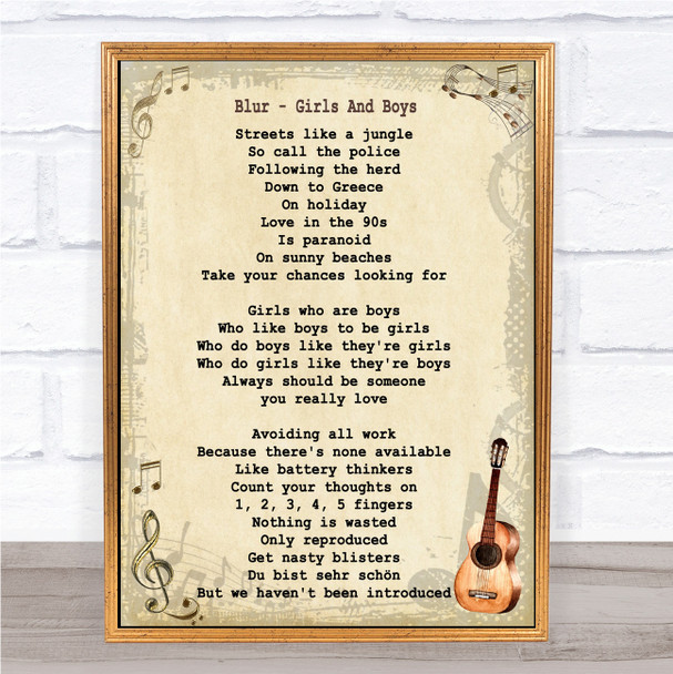 Blur Girls And Boys Song Lyric Vintage Quote Print