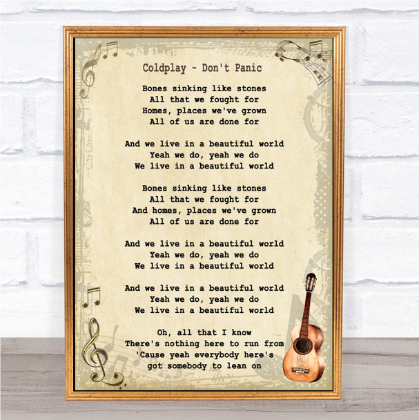 Coldplay Don't Panic Song Lyric Vintage Quote Print