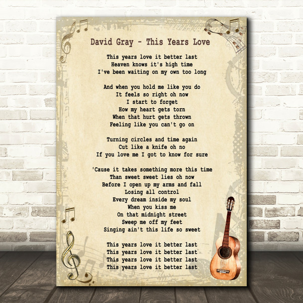 David Gray This Years Love Song Lyric Vintage Quote Print