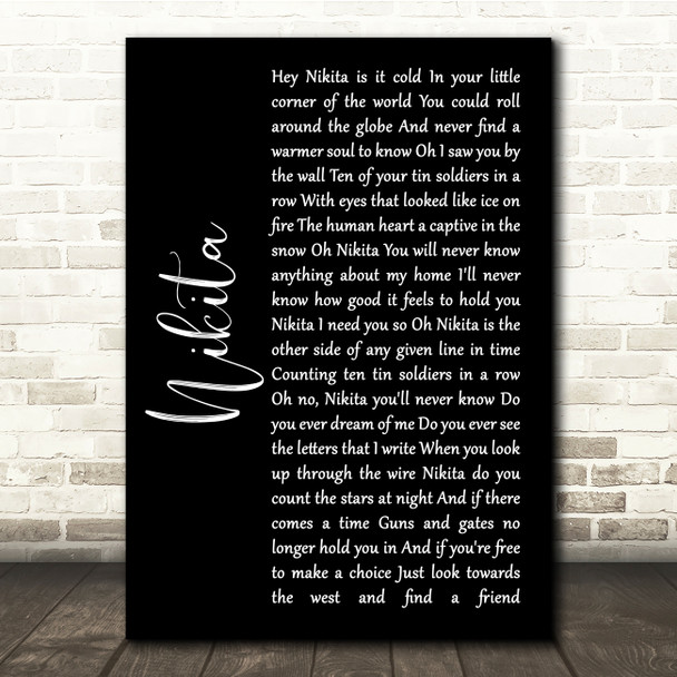 Elton John Nikita Black Script Song Lyric Quote Music Print