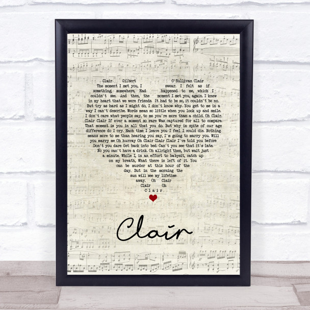 Gilbert O`Sullivan CLAIR Script Heart Song Lyric Quote Music Print