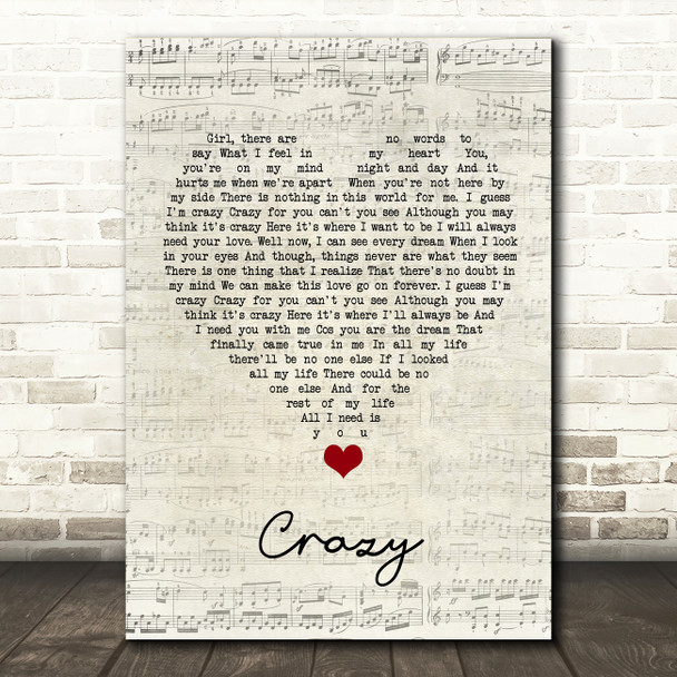 Kenny Rogers Crazy Script Heart Song Lyric Quote Music Print