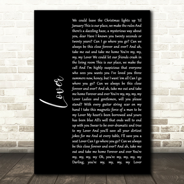 Taylor Swift Lover Black Script Song Lyric Quote Music Print