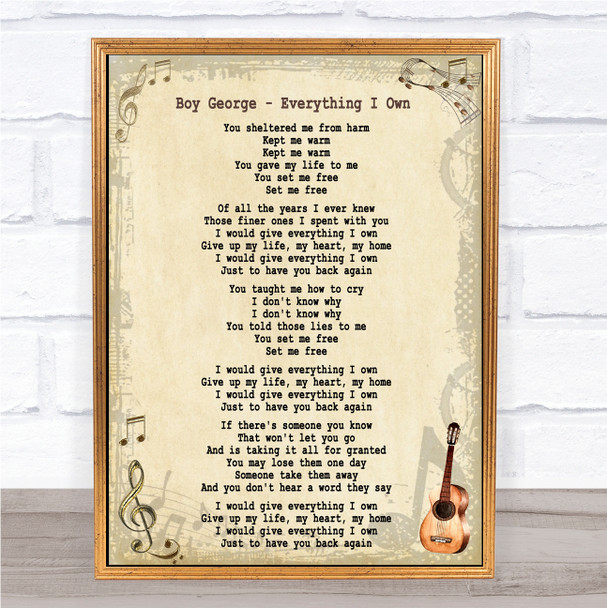 Boy George Everything I Own Song Lyric Quote Print