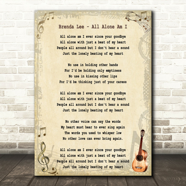 Brenda Lee All Alone Am I Song Lyric Quote Print