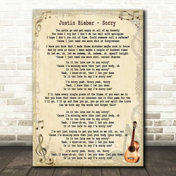 Justin Bieber Sorry Song Lyric Quote Print