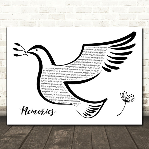 Maroon 5 Memories Black & White Dove Bird Song Lyric Wall Art Print