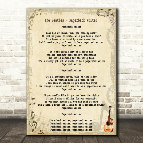 The Beatles Paperback Writer Song Lyric Quote Print