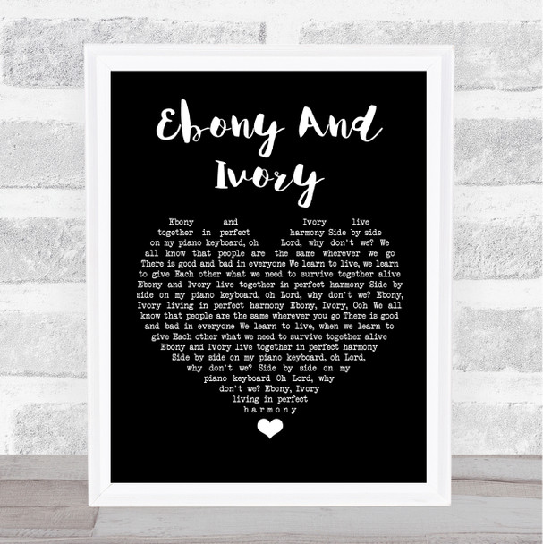 Paul McCartney Ebony And Ivory Black Heart Song Lyric Wall Art Print