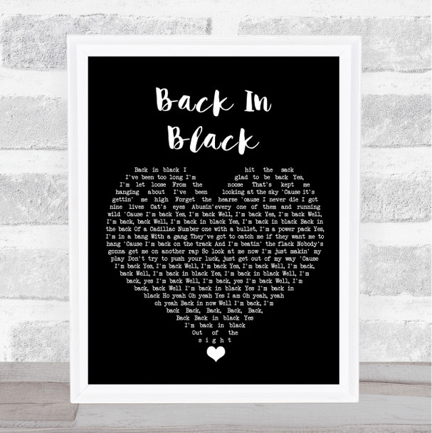 AC DC Back In Black Black Heart Song Lyric Wall Art Print