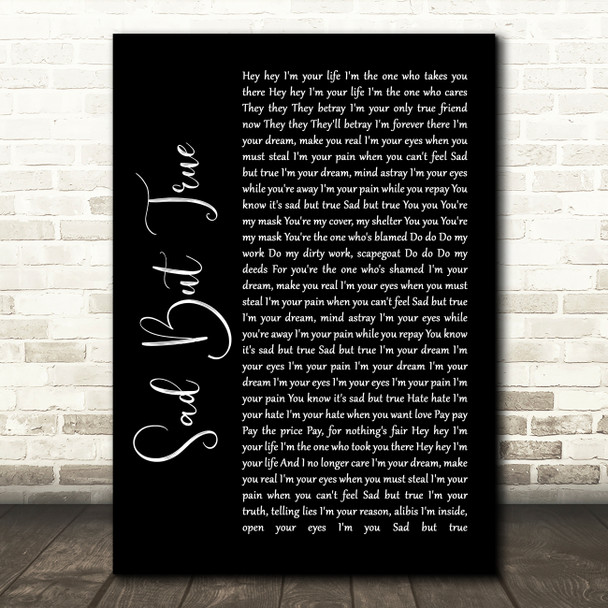 Metallica Sad But True Black Script Song Lyric Wall Art Print