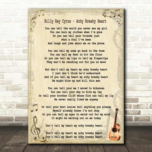 Billy Ray Cyrus Achy Breaky Heart Song Lyric Quote Print