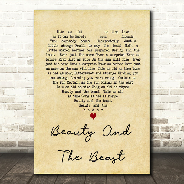 Celine Dione Beauty And The Beast Vintage Heart Song Lyric Quote Print