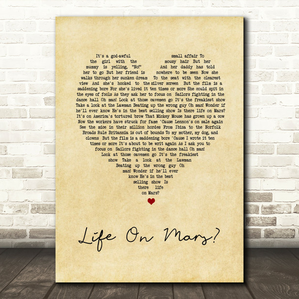 David Bowie Life On Mars Vintage Heart Song Lyric Quote Print