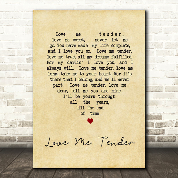 Elvis Presley Love Me Tender Vintage Heart Song Lyric Quote Print
