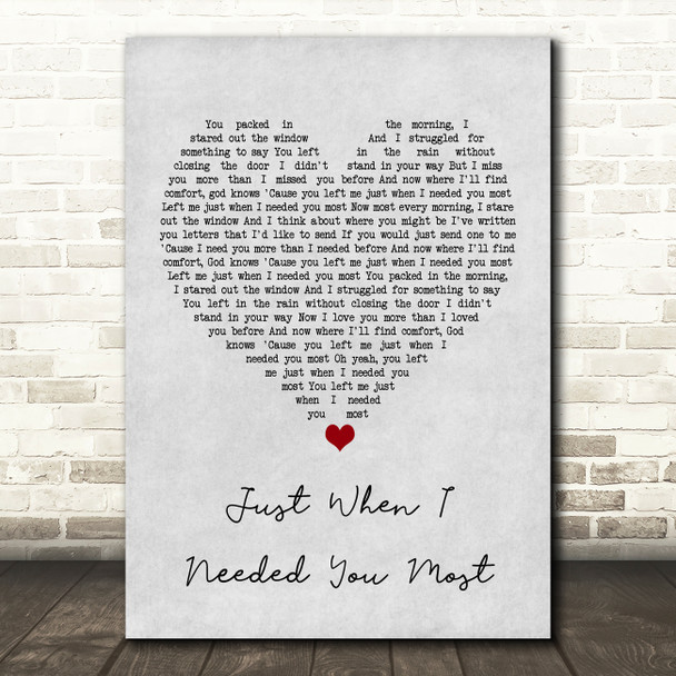 Randy VanWarmer Just When I Needed You Most Grey Heart Song Lyric Wall Art Print