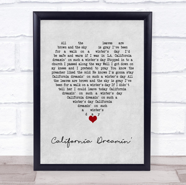 The Mamas And The Papas California Dreamin' Grey Heart Song Lyric Wall Art Print