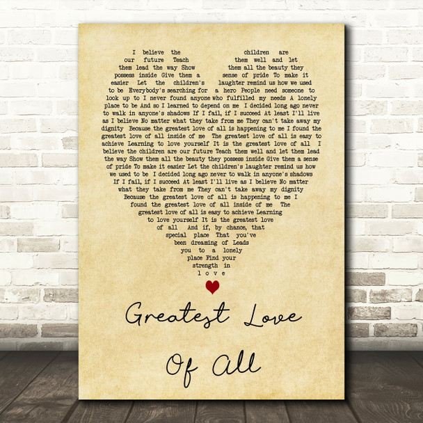 Whitney Houston Greatest Love Of All Vintage Heart Song Lyric Quote Print