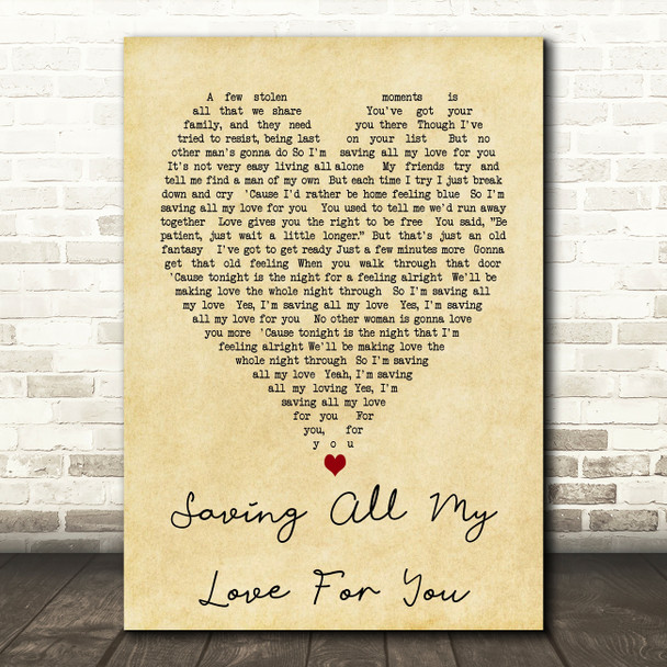 Whitney Houston Saving All My Love For You Vintage Heart Song Lyric Quote Print