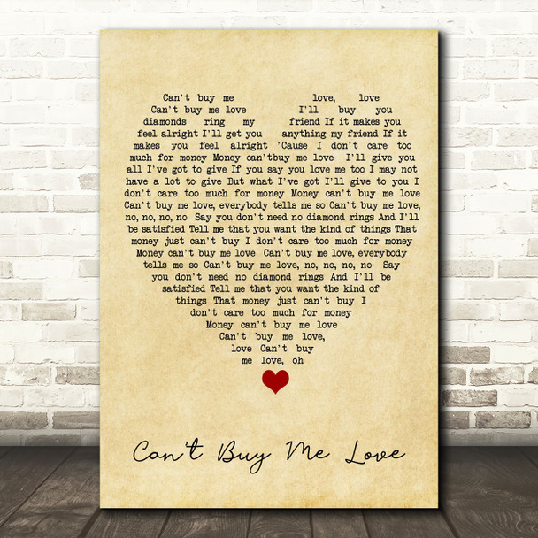 Can't Buy Me Love The Beatles Vintage Heart Quote Song Lyric Print