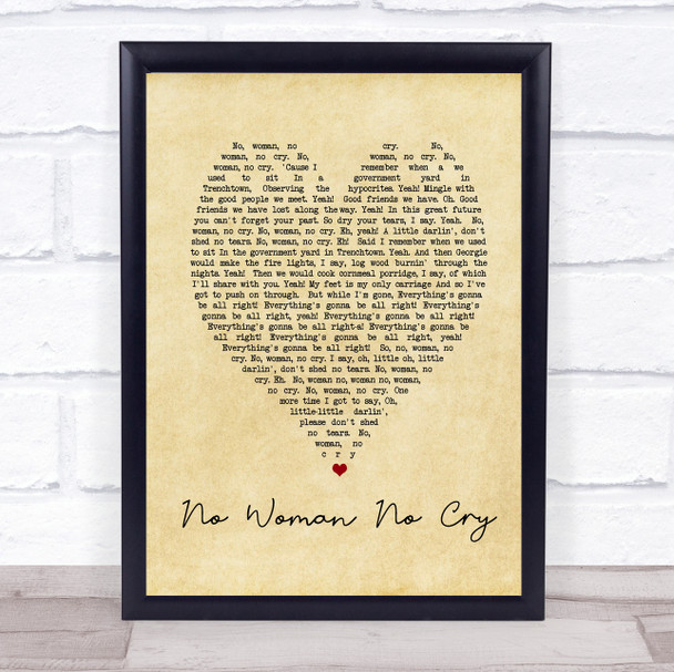 No Woman No Cry Bob Marley Vintage Heart Quote Song Lyric Print