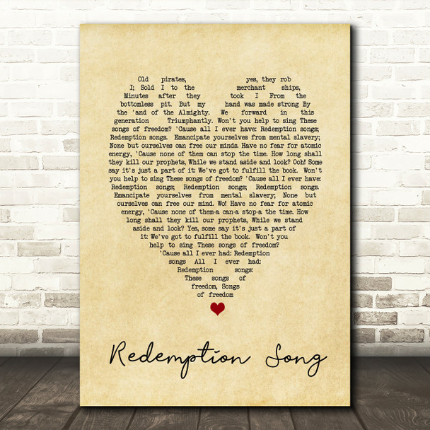 Redemption Song Bob Marley Vintage Heart Quote Song Lyric Print