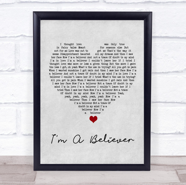 The Monkees I'm A Believer Grey Heart Song Lyric Wall Art Print