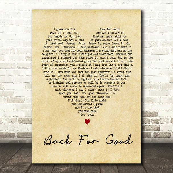 Back For Good Take That Vintage Heart Song Lyric Quote Print