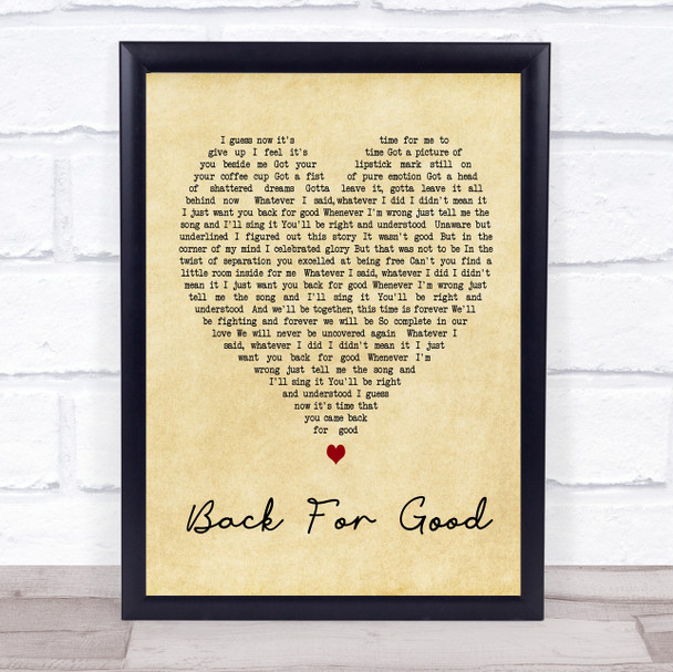 Back For Good Take That Vintage Heart Song Lyric Quote Print
