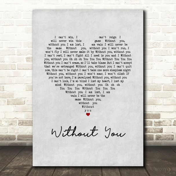 David Guetta Without You Grey Heart Song Lyric Wall Art Print