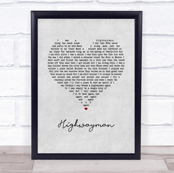 Johnny Cash Highwayman Grey Heart Song Lyric Wall Art Print
