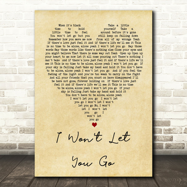 I Won't Let You Go James Morrison Vintage Heart Song Lyric Quote Print