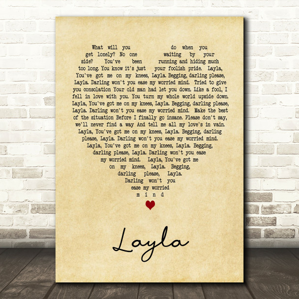 Layla Eric Clapton Vintage Heart Song Lyric Quote Print