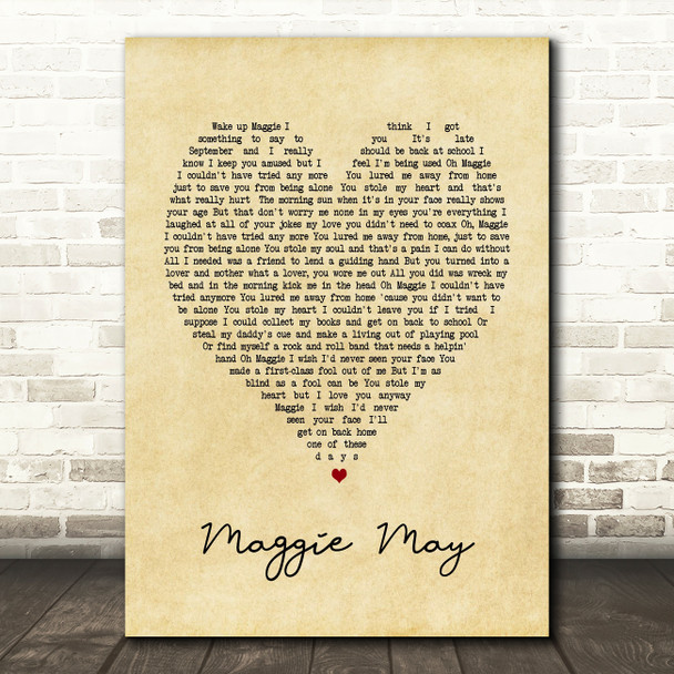 Maggie May Rod Stewart Vintage Heart Song Lyric Quote Print