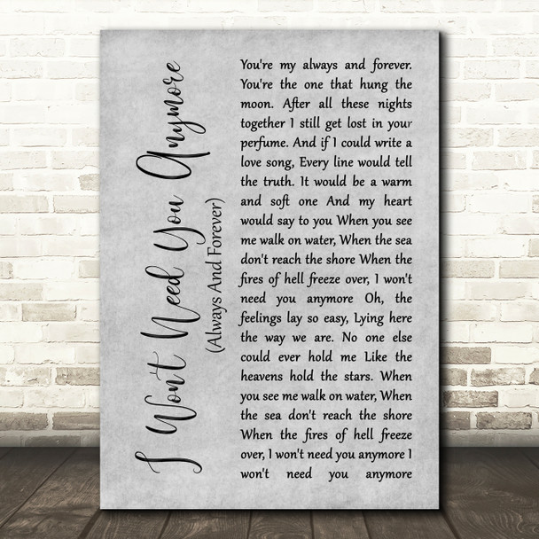 Randy Travis I Won't Need You Anymore (Always And Forever) Grey Rustic Script Song Lyric Wall Art Print