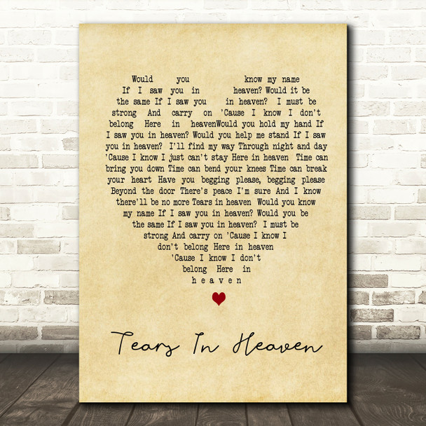 Tears In Heaven Eric Clapton Vintage Heart Song Lyric Quote Print