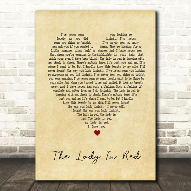 The Lady In Red Chris De Burgh Vintage Heart Song Lyric Quote Print