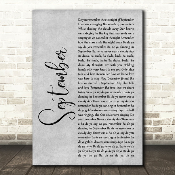 Earth, Wind And Fire September Grey Rustic Script Song Lyric Wall Art Print