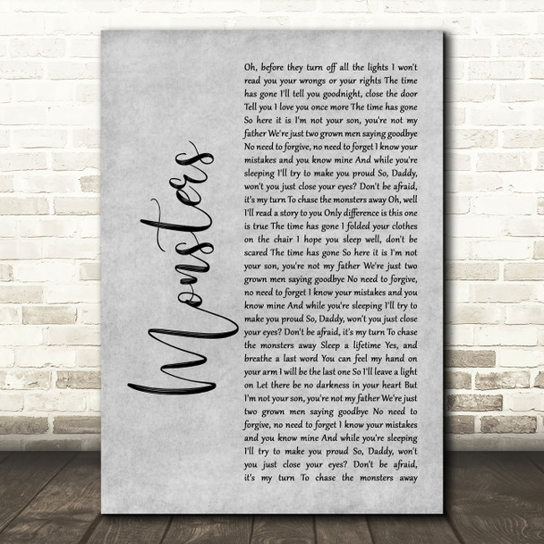 James Blunt Monsters Grey Rustic Script Song Lyric Wall Art Print