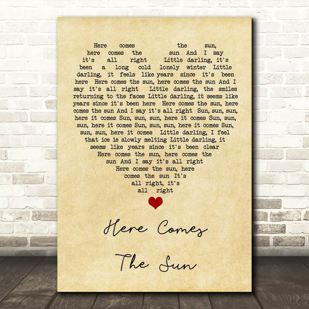 Here Comes The Sun The Beatles Vintage Heart Quote Song Lyric Print