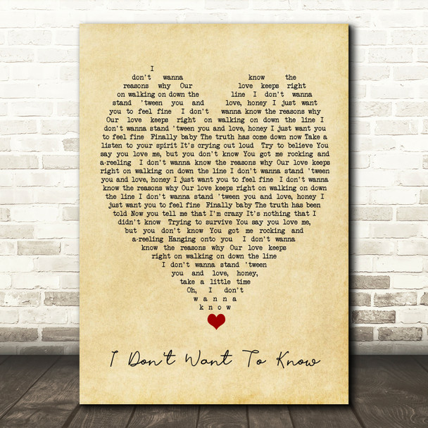 I Don't Want To Know Fleetwood Mac Vintage Heart Quote Song Lyric Print