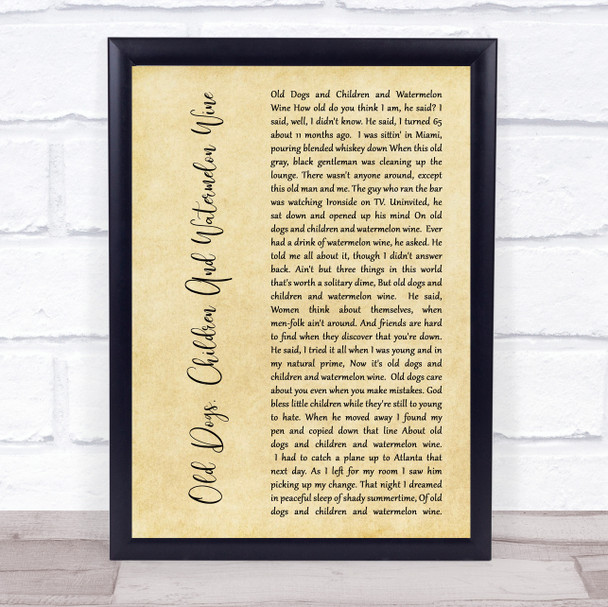 Tom T Hall Old Dogs, Children And Watermelon Wine Rustic Script Song Lyric Wall Art Print