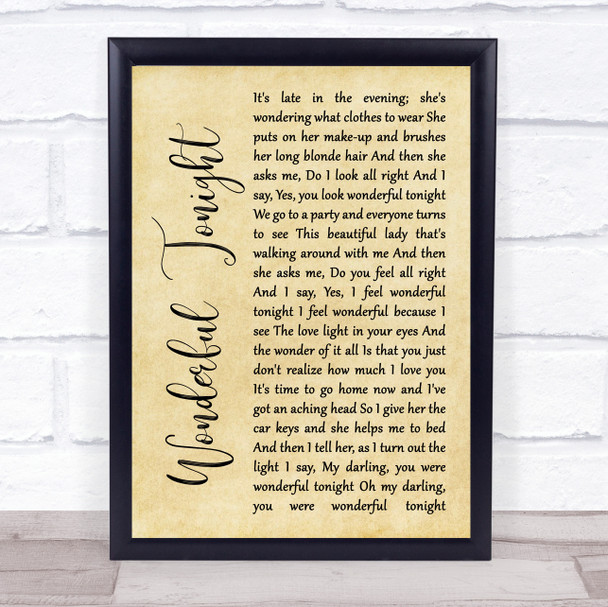 Eric Clapton Wonderful Tonight Rustic Script Song Lyric Wall Art Print