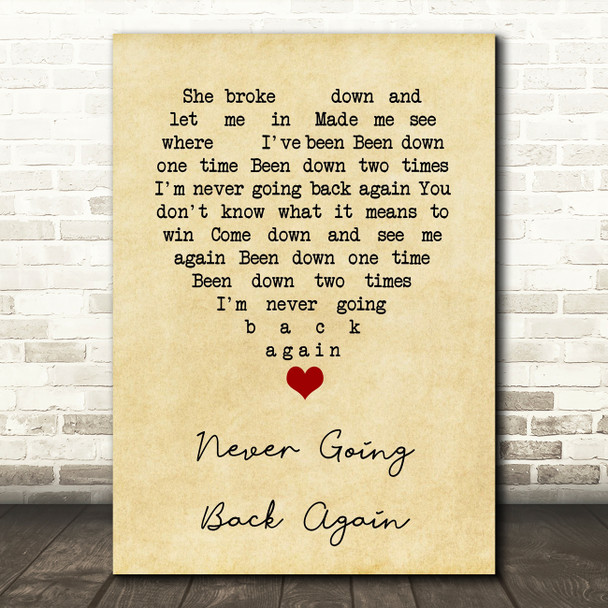 Never Going Back Again Fleetwood Mac Vintage Heart Quote Song Lyric Print