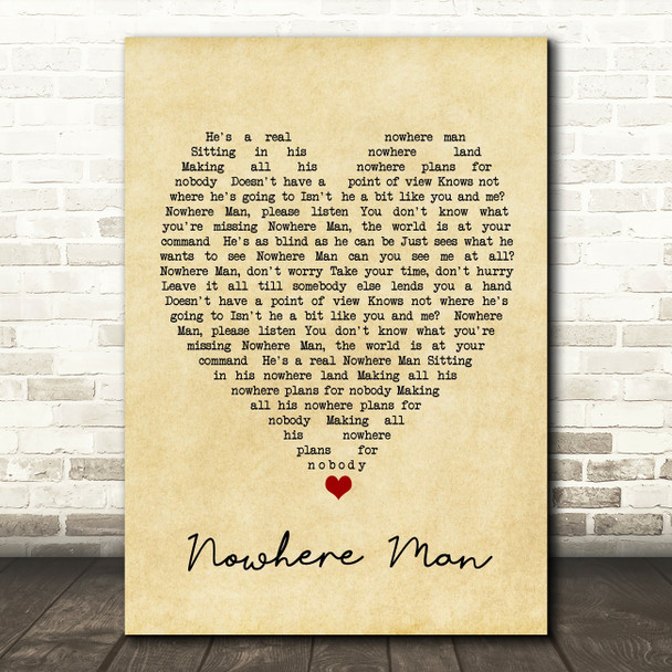 Nowhere Man The Beatles Vintage Heart Quote Song Lyric Print