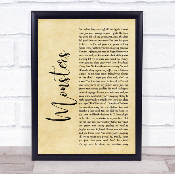 James Blunt Monsters Rustic Script Song Lyric Wall Art Print