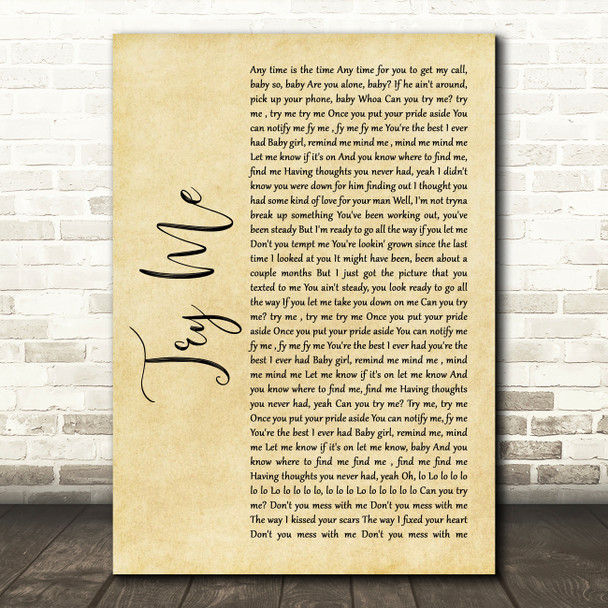 The Weeknd Try Me Rustic Script Song Lyric Wall Art Print