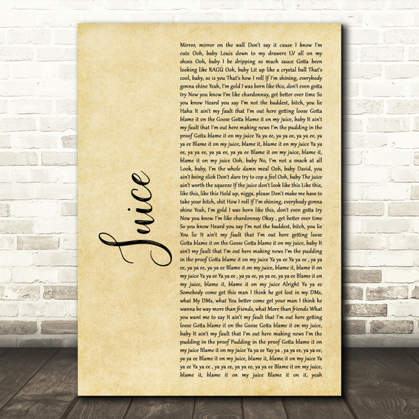 Lizzo Juice Rustic Script Song Lyric Wall Art Print